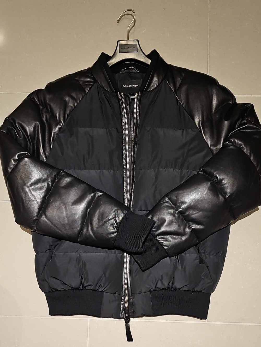 Mackage Black Leather and Down Bomber Jacket